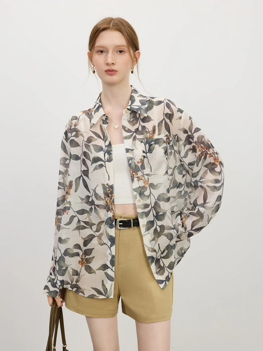 Chic Holiday Plant Print Loose Shirt