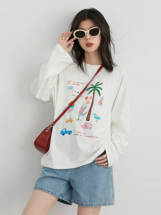 Loose Round Neck Cartoon Print T-Shirt
