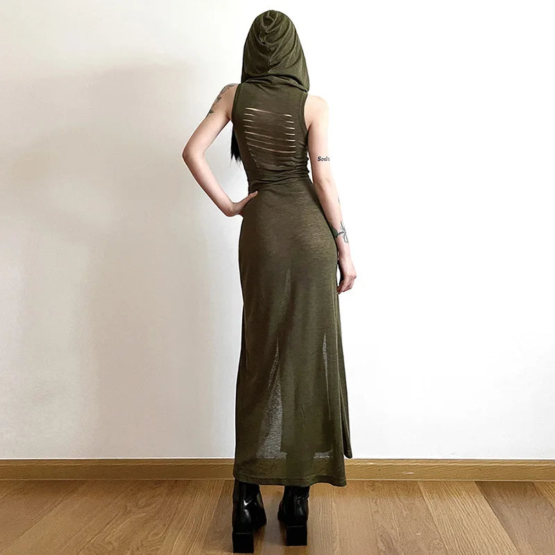 Gothic Mesh Sleeveless Hooded Midi Dress