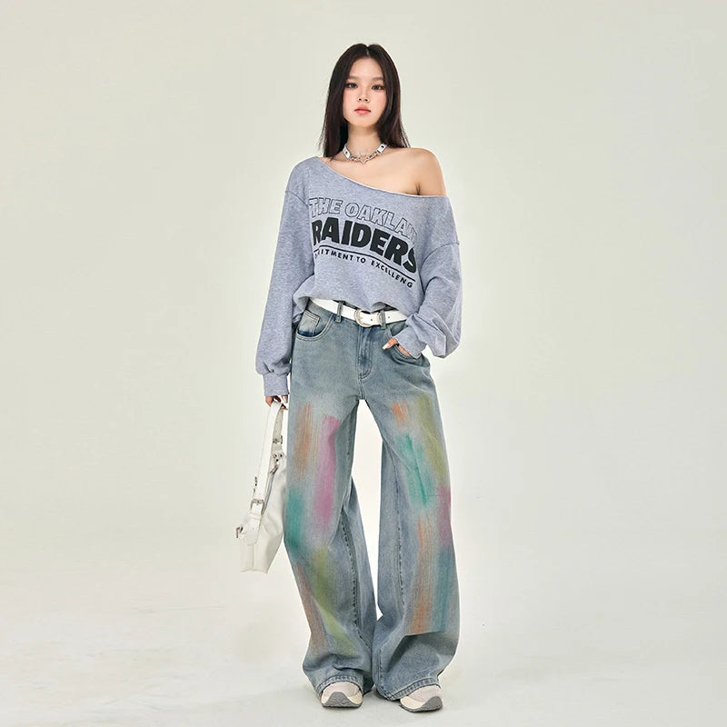 Rainbow Graffiti Printed Denim Wide Jeans