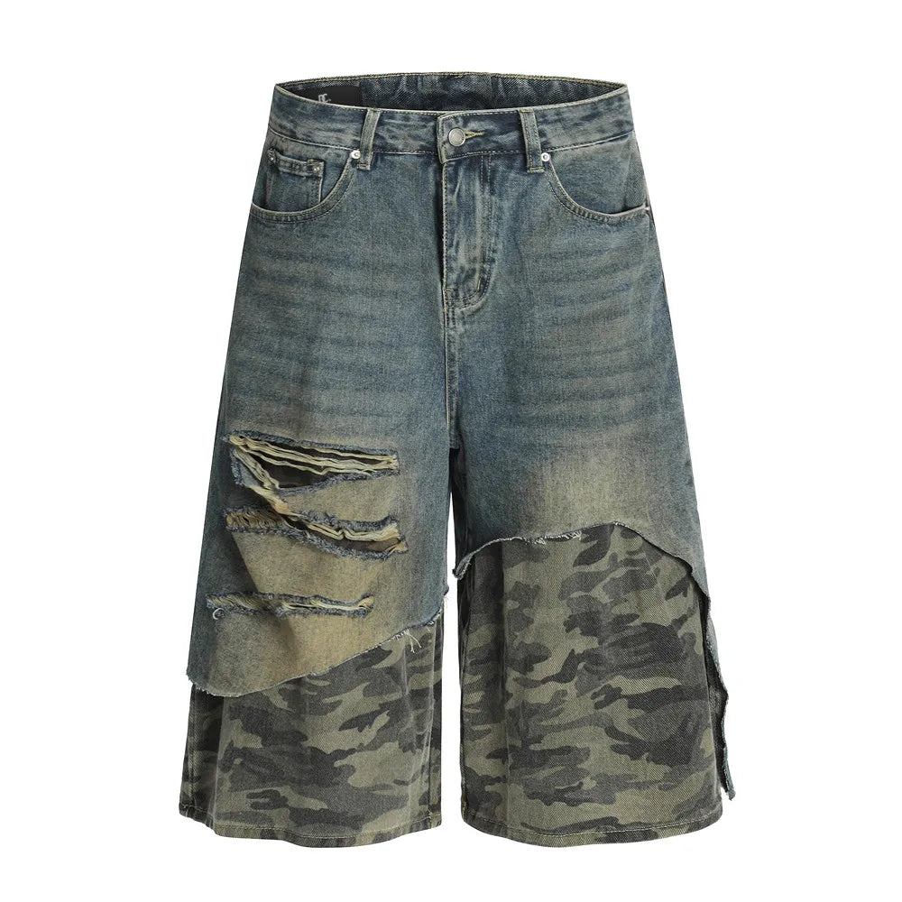 Distressed Camouflage Spliced Denim Shorts Jeans
