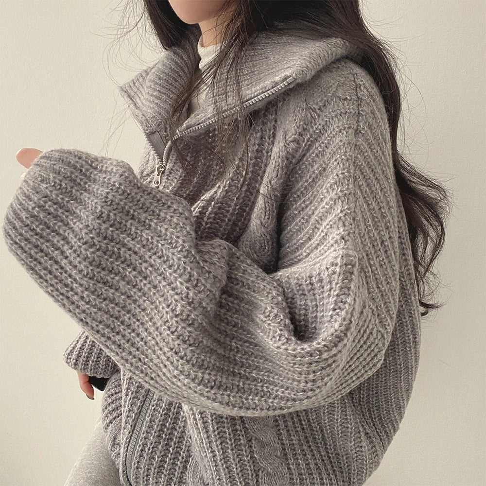 Cozy Oversized Knitted Zipper Cardigan Sweater
