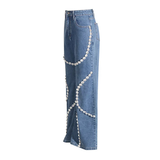 Elegant Rhinestone High Waist Loose Jeans