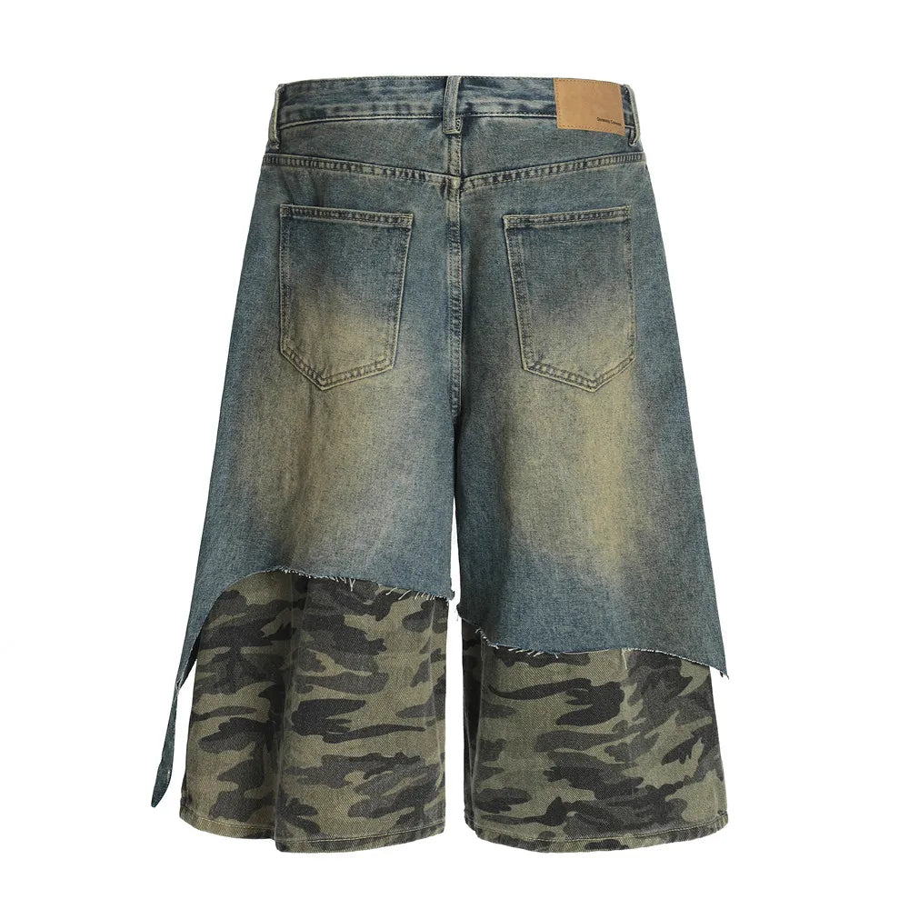 Distressed Camouflage Spliced Denim Shorts Jeans