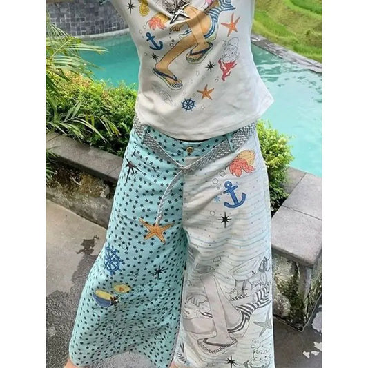 Blue Baggy Parachute Calf-Length Wide Pants