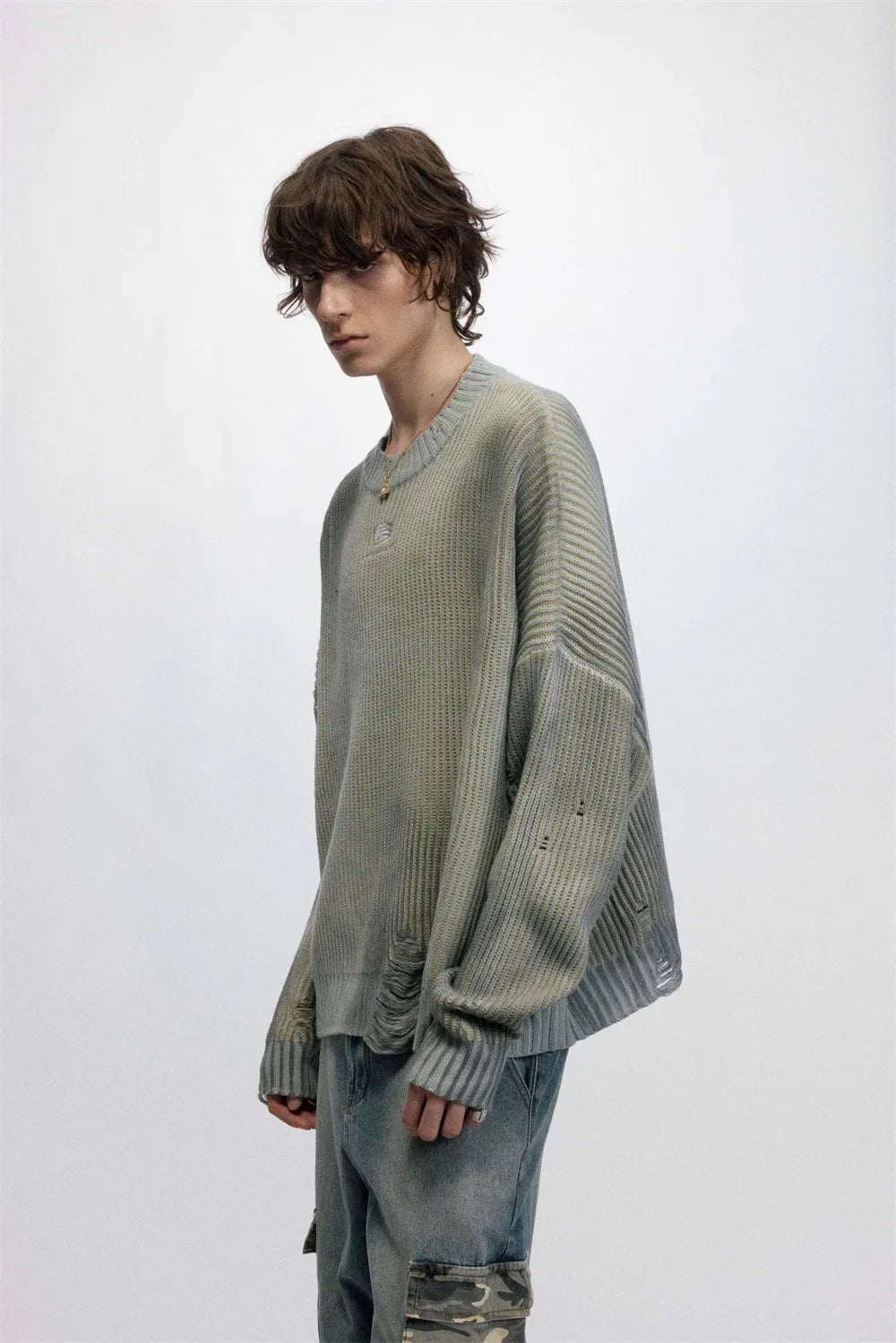 Ripped Embroidery Spray Paint Sweater Pullover