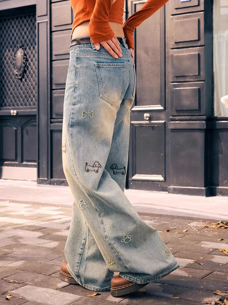 High Waist Embroidered Straight Jeans