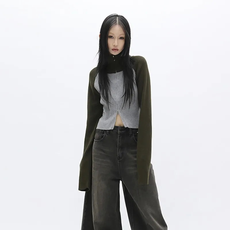 Vintage Grunge Patchwork Turtleneck Cardigan Coat