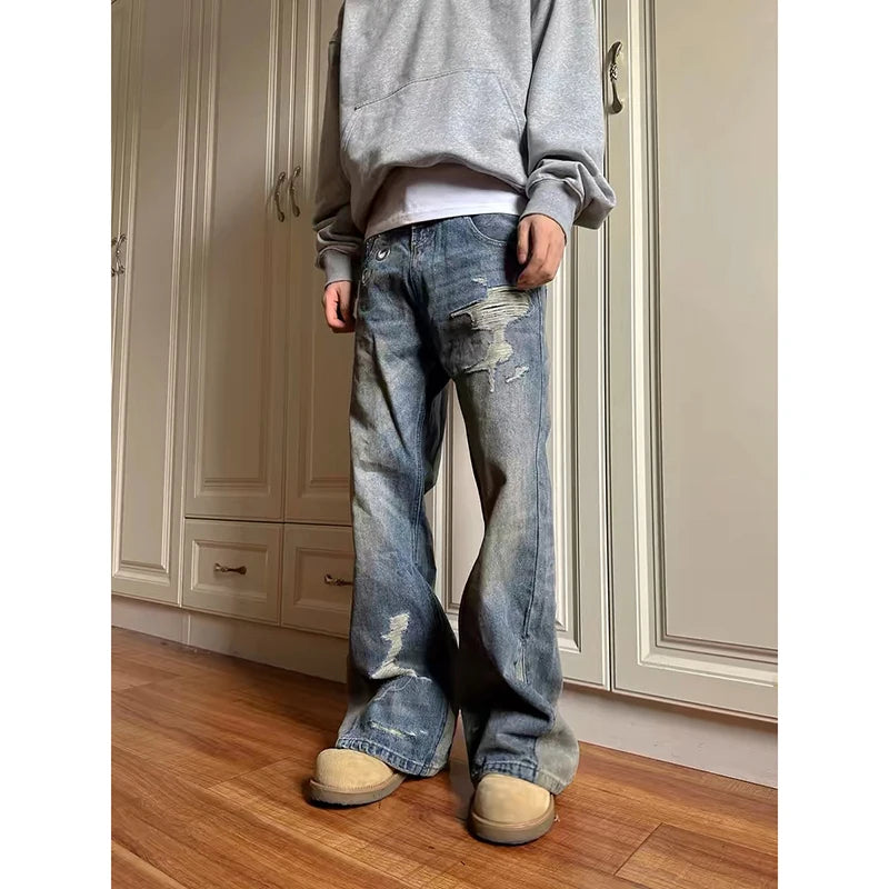 Ripped Denim Wide Leg Pants Jeans