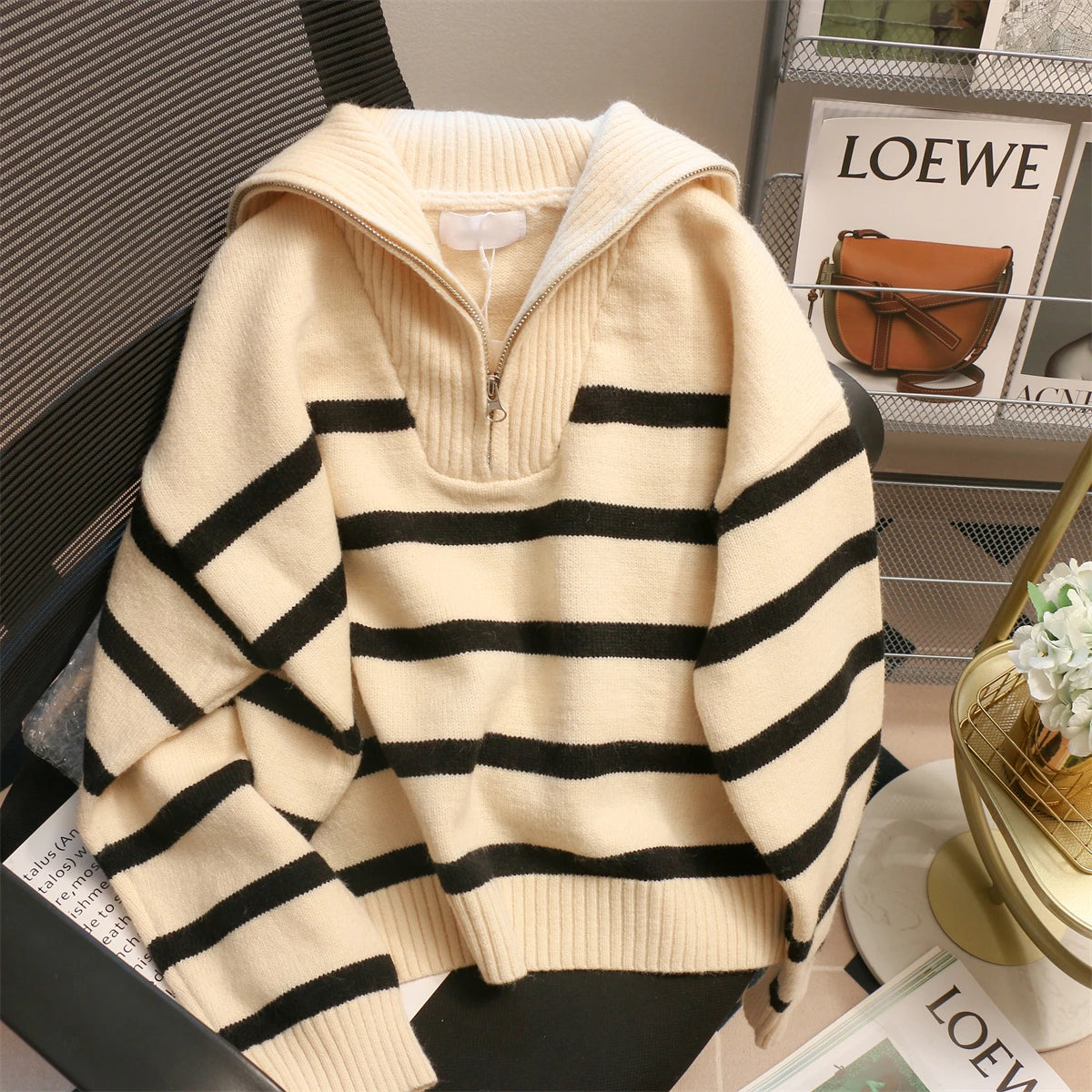 Cozy Oversized Knitted Zipper Pullover Sweater