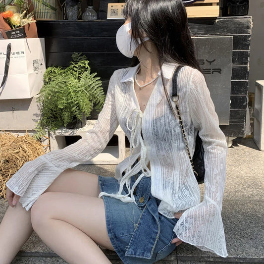 Lace Up Long Sleeve Blouse Shirt