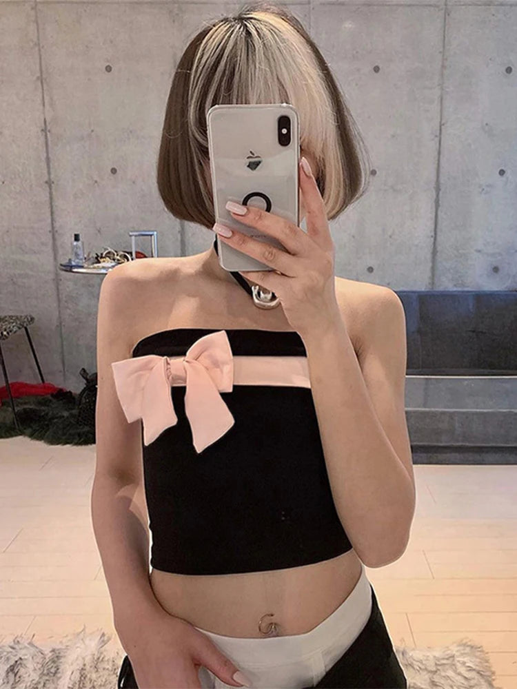 Vintage Gothic Black Bow Crop