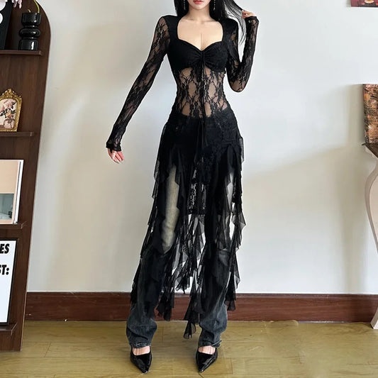 Sexy Mesh Lace Maxi Top with Ruffles