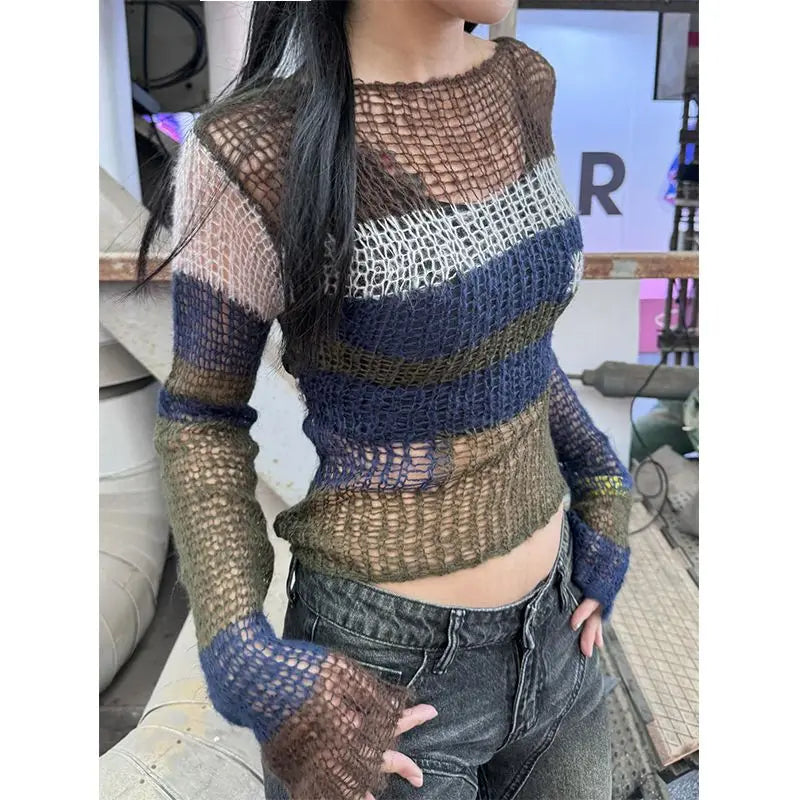 Gothic Hollow Knitted Sweater Contrast Stripe