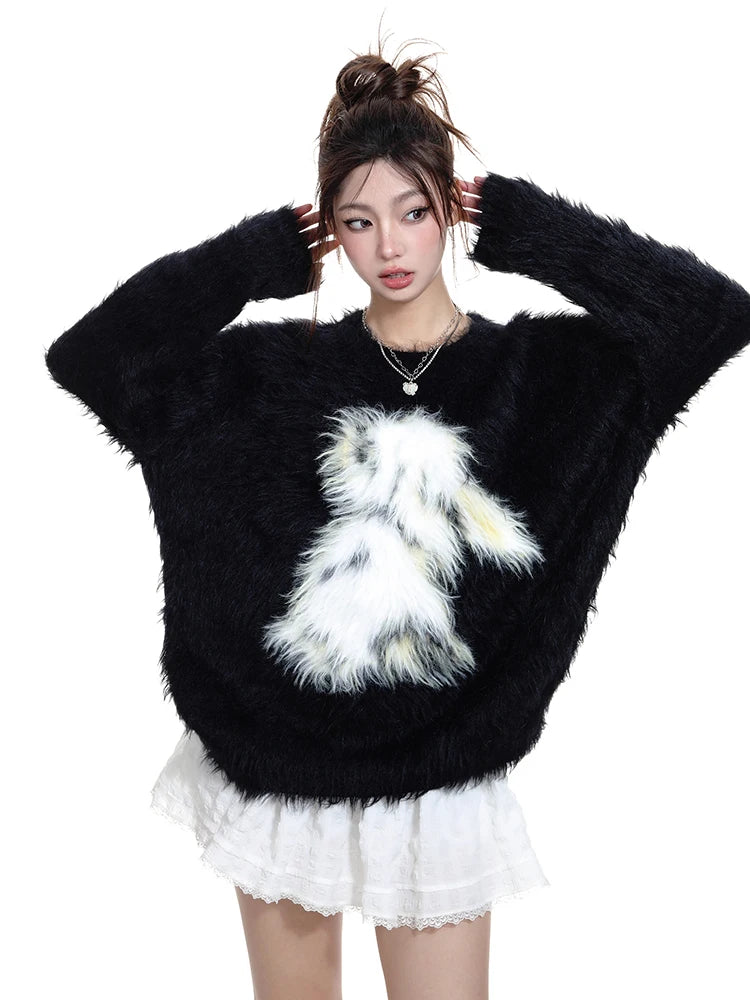 Cozy Knitted Rabbit Print Sweater Pullover