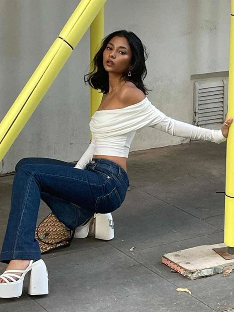 Vintage Aesthetic White Slash Neck T-Shirt