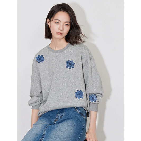 Floral Embroidered Denim Patchwork Hoodie