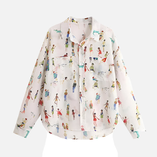French Figure Print Loose Chiffon Shirt