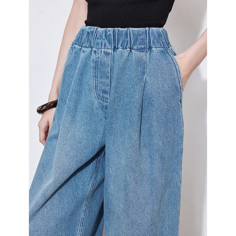 Elastic Waist Wide Leg Denim Jeans