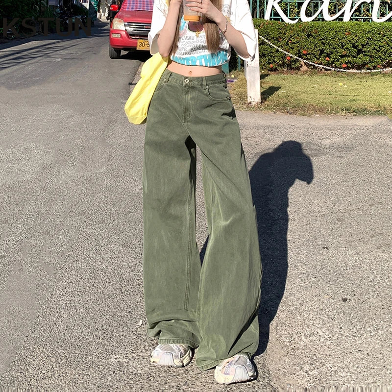 High Waist Loose Fit Green Jeans