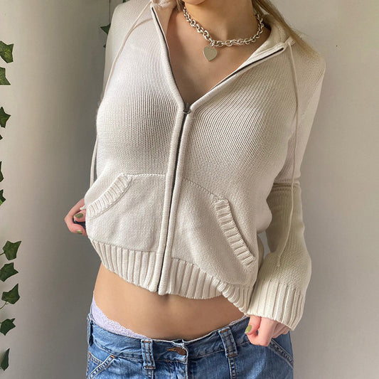 Vintage Knitted Zip-Up Hoodie Cardigan Shirt