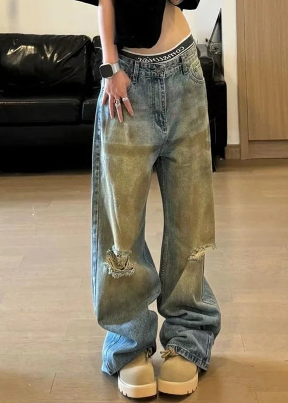 Vintage Ripped Loose Wide Leg Jeans