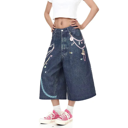 Colorful Chain Print Denim Shorts