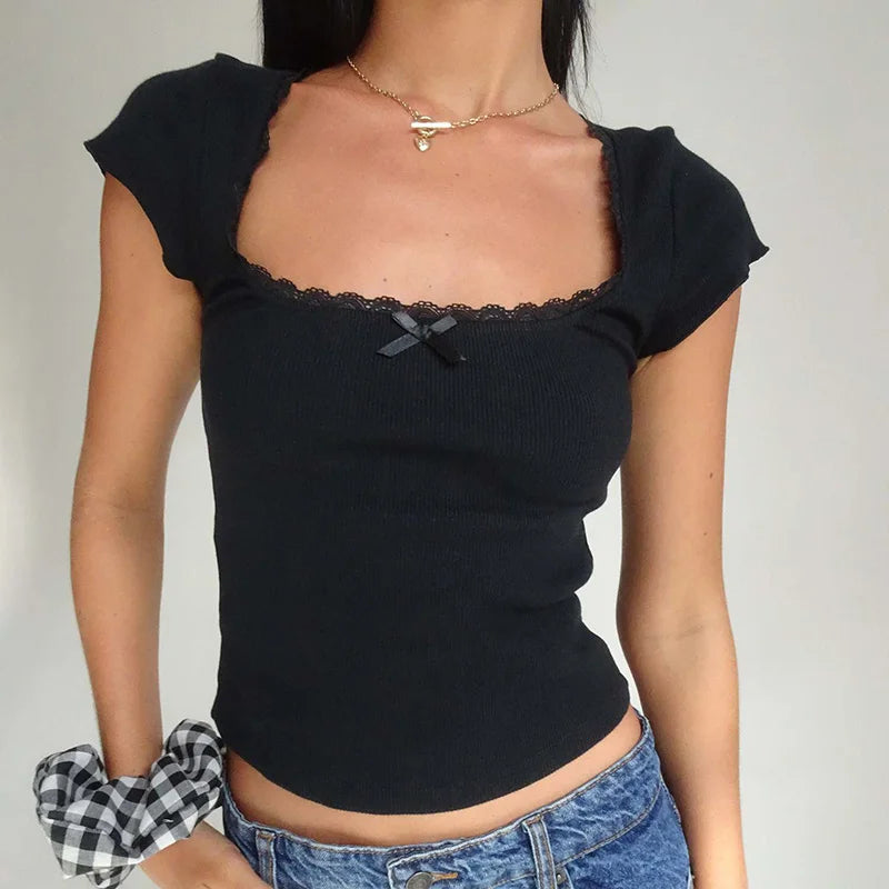 Vintage Lace Trim Knitted Square T-Shirt