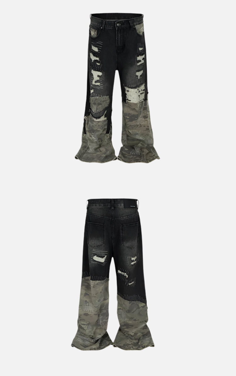 Camouflage Patchwork Washed Hole Design Jeans