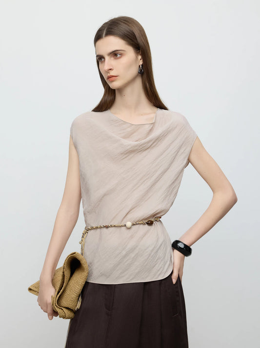 Luxury Draped Collar Sleeveless Set Shirt