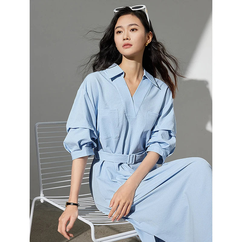 Stylish Summer V-Neck Midi Dress Shirt