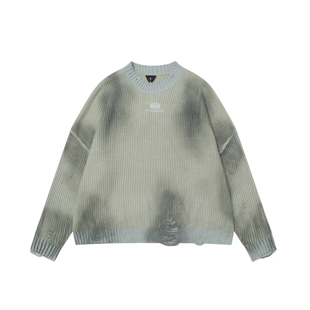 Ripped Embroidery Spray Paint Sweater Pullover