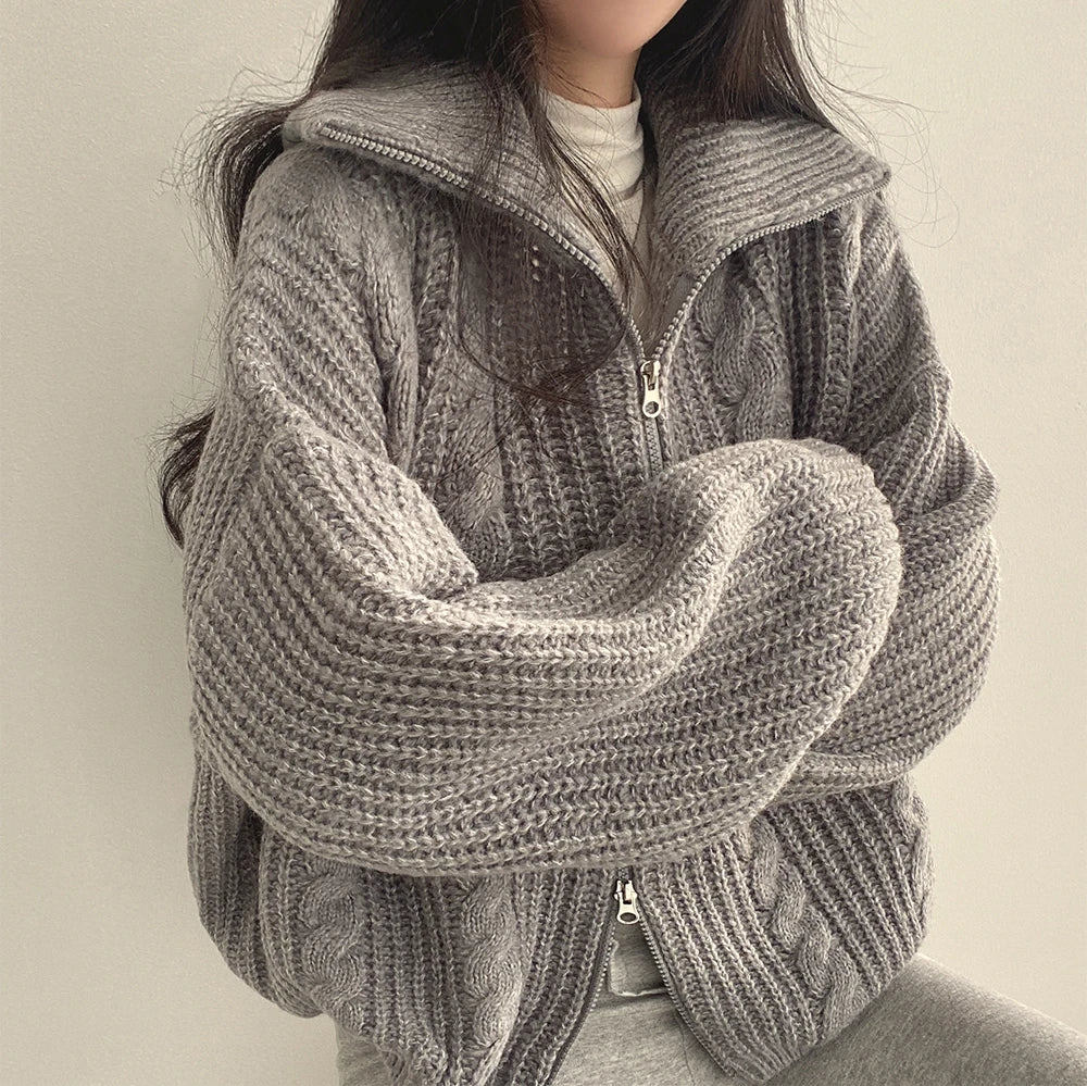 Cozy Oversized Knitted Zipper Cardigan Sweater