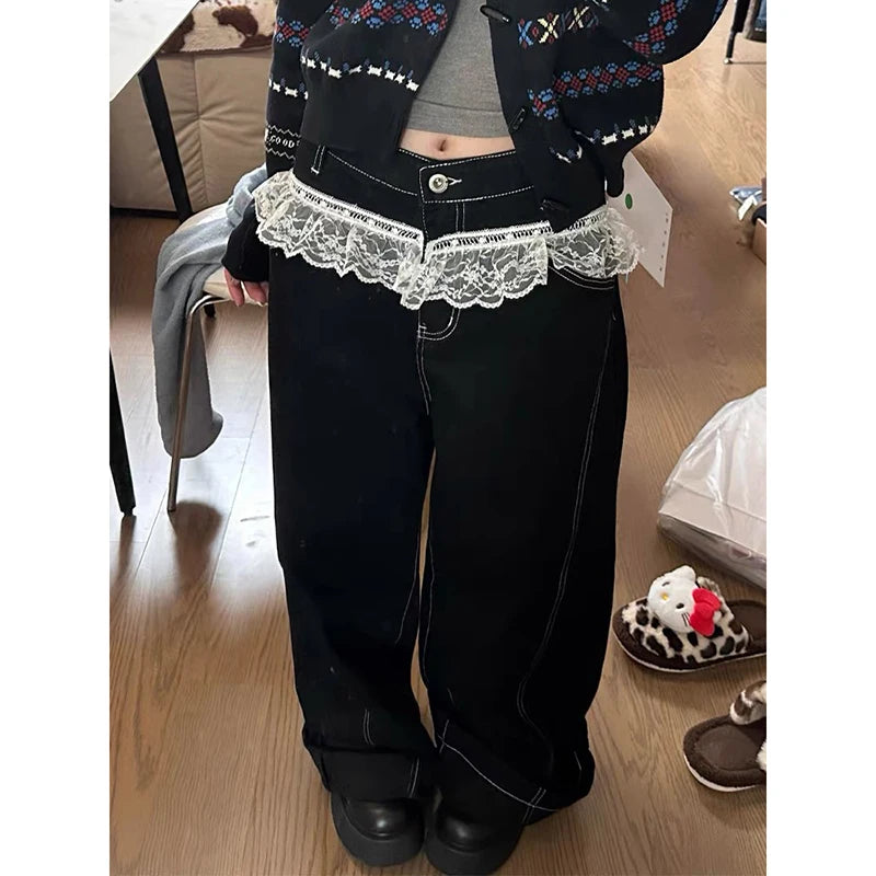 Vintage Lace Spliced Baggy Wide Jeans