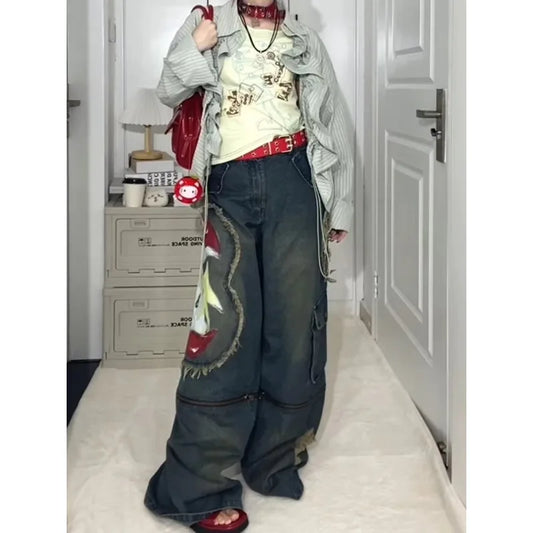 American Retro Graffiti Print Cargo Jeans