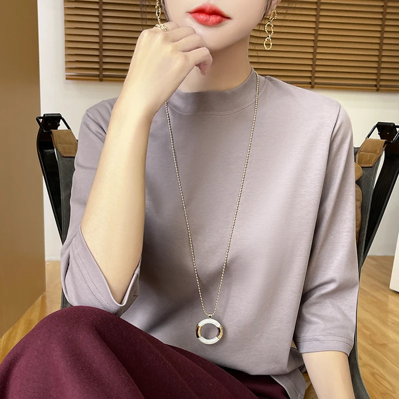 Cotton Semi High Neck Cropped T-Shirt
