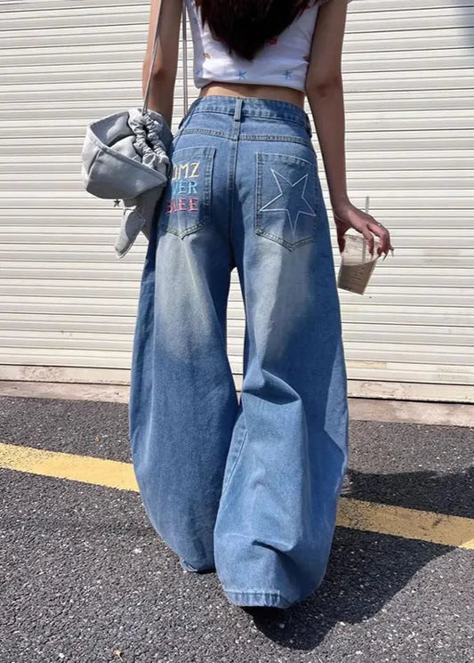 Vintage Loose Washed Blue Wide Jeans