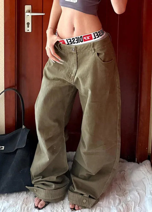 Green Vintage High Waist Wide Jeans
