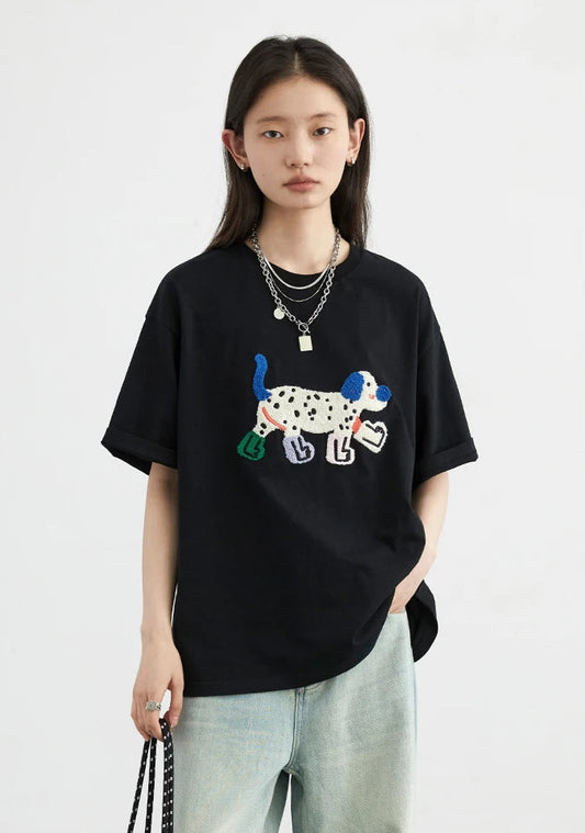 Embroidered Dog Print Chic Ven T-Shirt