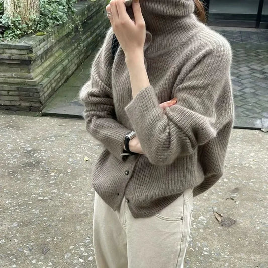 Chunky Knit Wool Turtleneck Cardigan Sweater
