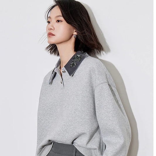 Beaded Embroidered Gray Sweatshirt Fall Shirt