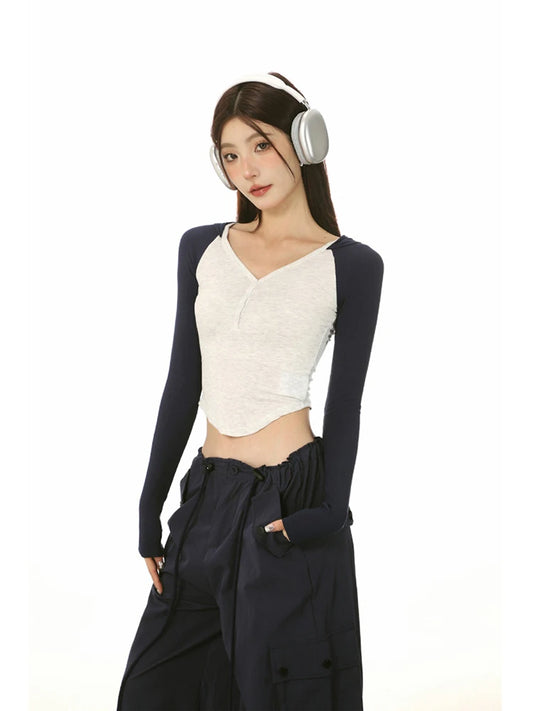 Vintage Contrast Color V-Neck Long T-Shirt