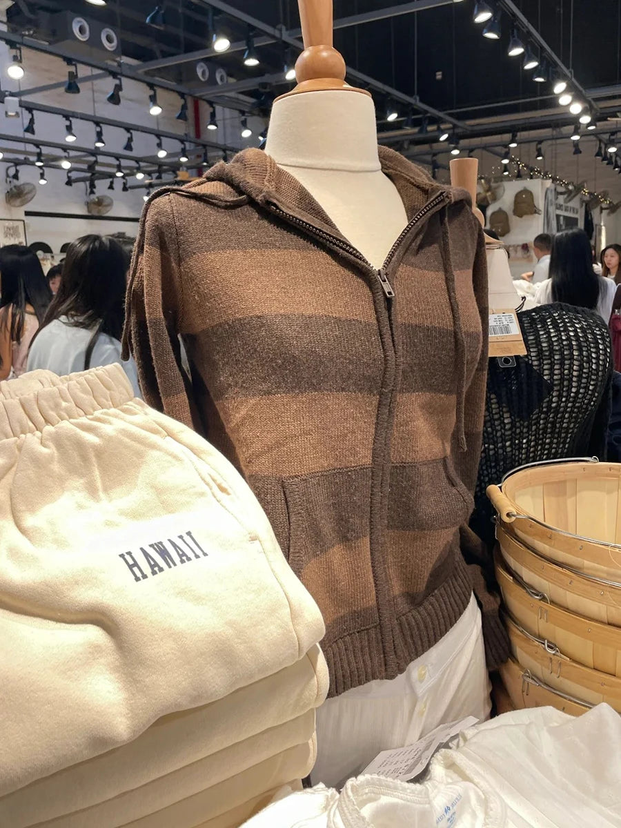 Cozy Striped Knitted Hooded Sweater Cardigan