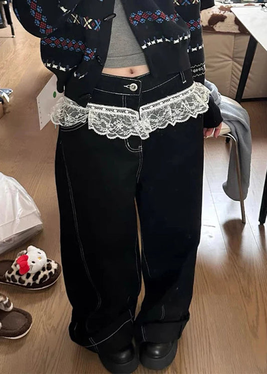 Vintage Lace Spliced Baggy Wide Jeans