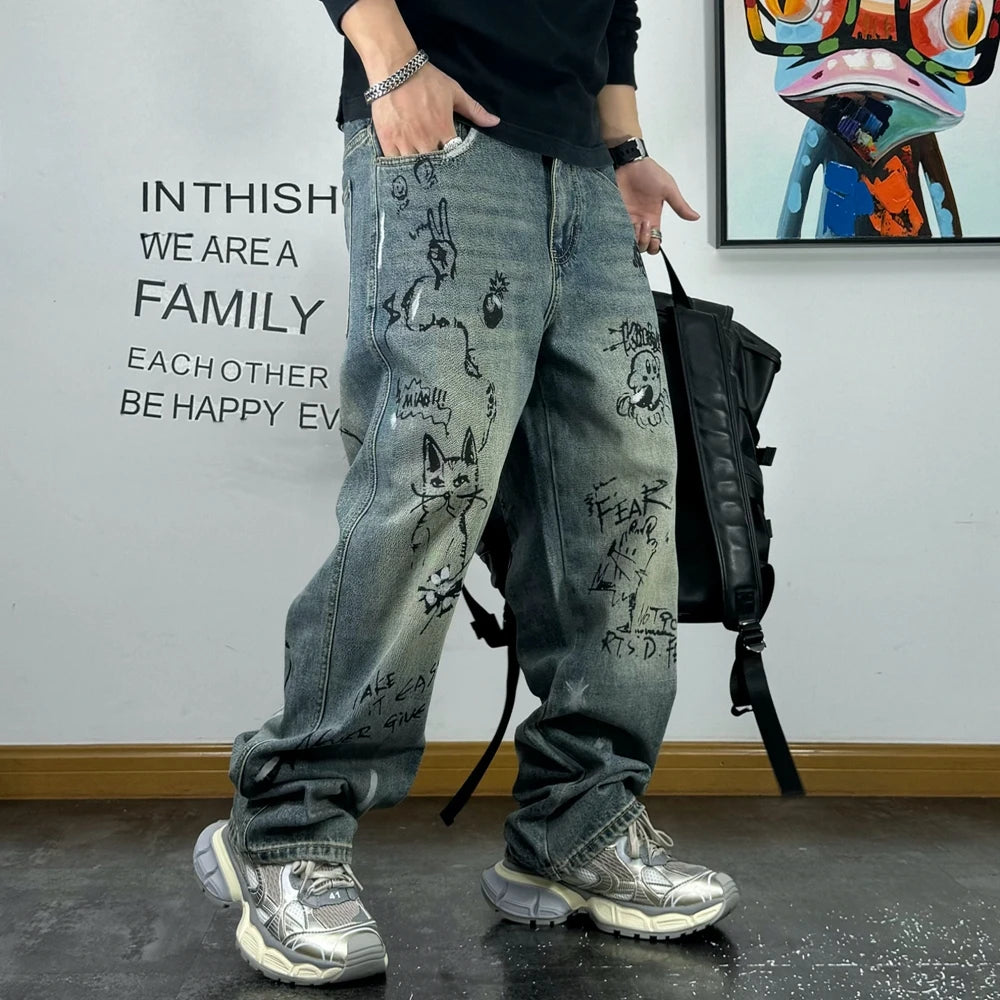 Distressed Creative Graffiti Print Baggy Jeans