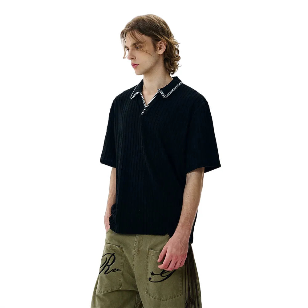 Loose Knitted Lapel Short Sleeve T-Shirt