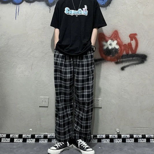 Summer Korean Style Plaid Wide-Leg Pants