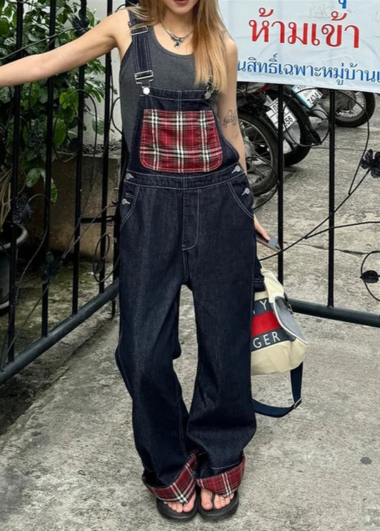 Blue Vintage Suspender Baggy Wide-Leg Jeans