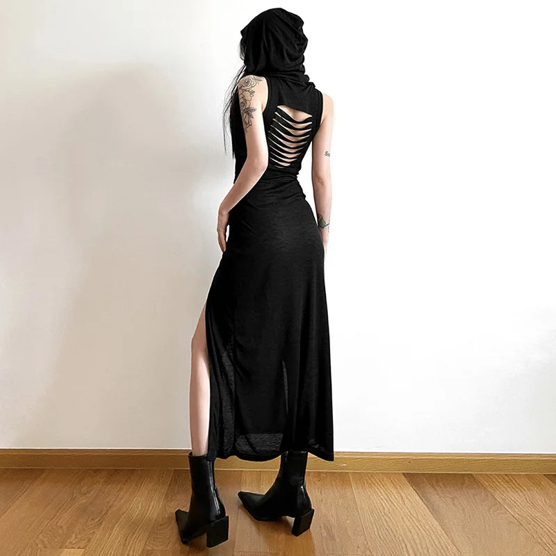 Gothic Mesh Sleeveless Hooded Midi Dress