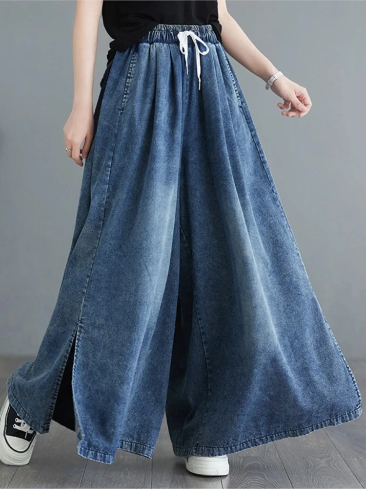 Elastic High Waist Wide Leg Jeans
